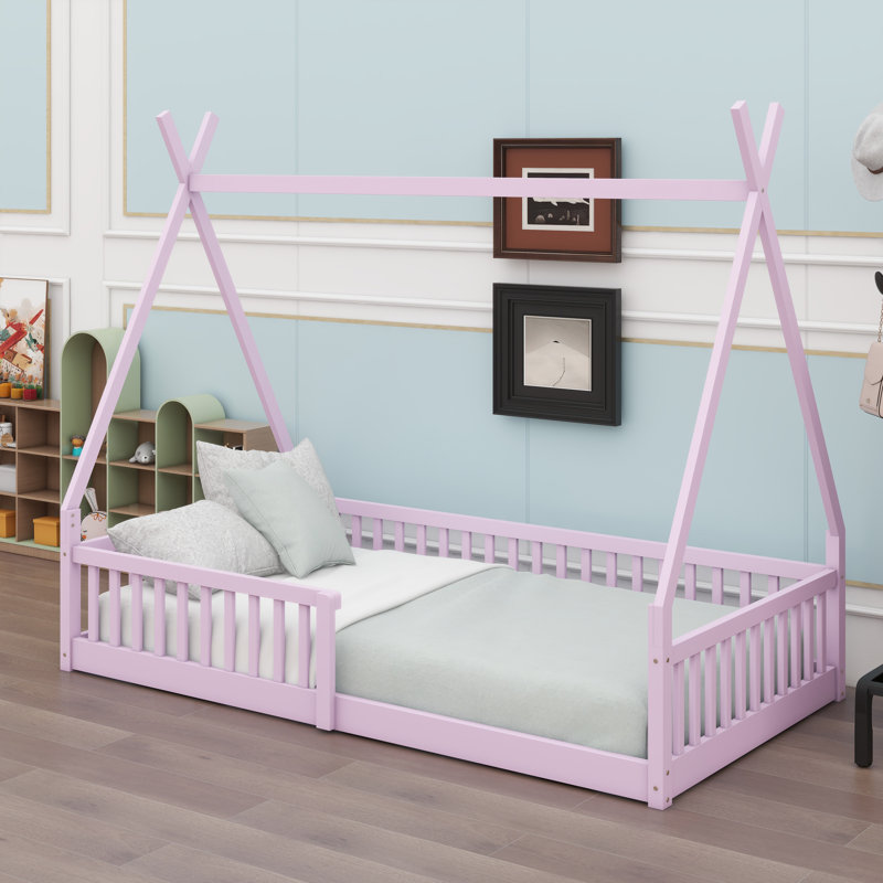 House-Shaped Bed With Integrated Fence Design, Pink