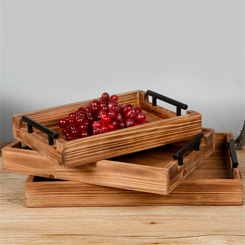Vintage Wooden Nesting Serving Trays Set With Sturdy Metal Handles For Home Decor, Kitchen, Coffee Table & Dining Organization (2-Piece)