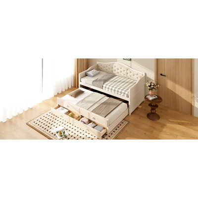 Lit de jour simple avec lit gigogne et 2 tiroirs, conception rembourrée beige, peu encombrant pour le salon, lit en contreplaqué de pin, chambre à coucher, structure, poids de 400 lb
