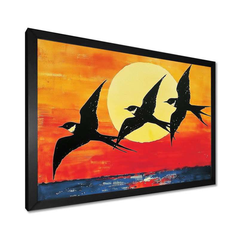 Swallows Birds At Sunset V - art mural oiseau, H 34 po x l 44 po, Avec cadre, Noir