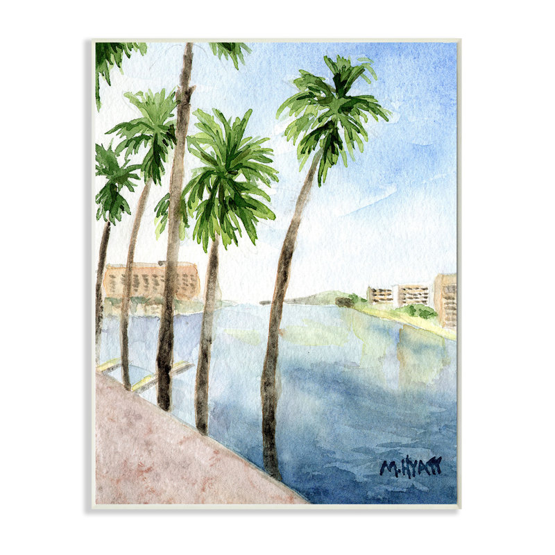 Paysage de palmiers tropicaux au bord de la rivière, H 15 po x l 10 po, Plaque de bois