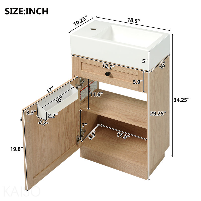 18.5" Bathroom Vanity With Reversible Resin Sink, Mdf Cabinet With Adjustable Shelf And Elegant Zinc Alloy Handles, Wood Grain Melamine Finish, Reversible Door, Rustic Style For Small Spaces