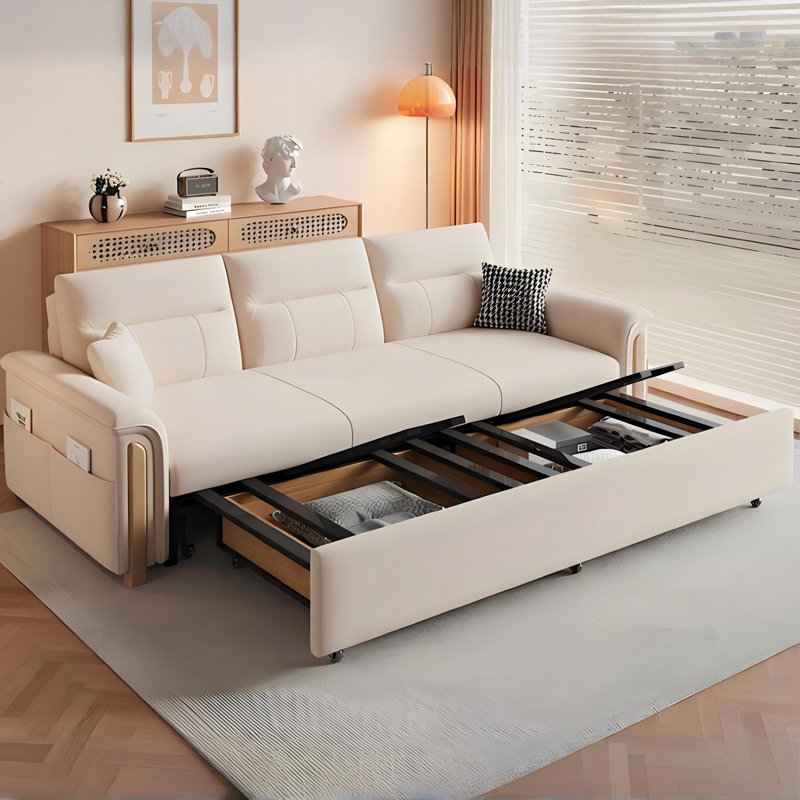 Canapé-lit en cuir blanc cassé résistant aux égratignures de 74,80 po avec boîte de rangement et design extensible