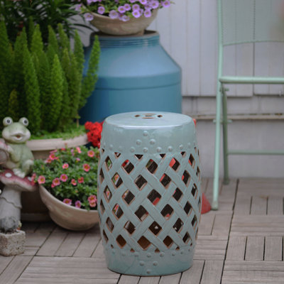 Tabouret de jardin 13 po x 18 po en céramique avec motif en treillis tissé et table de bout décorative en matériaux résistants émaillés, bleu antique