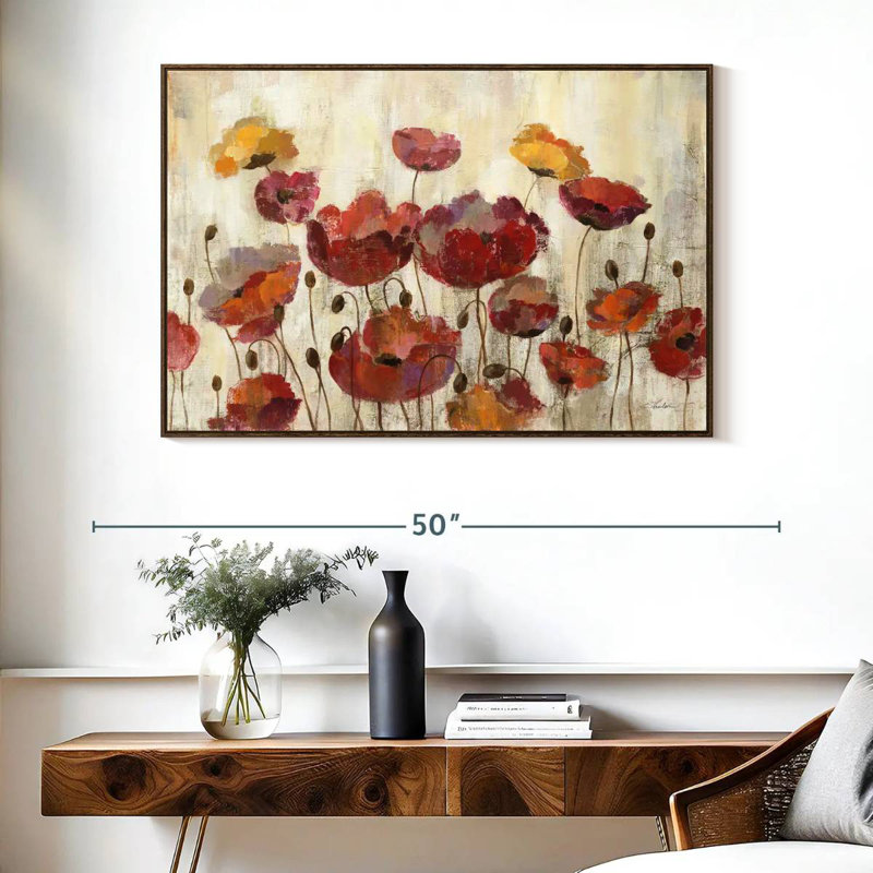 Coquelicots sous la pluie, Cadre flottant noyer, 40 po x 27 po