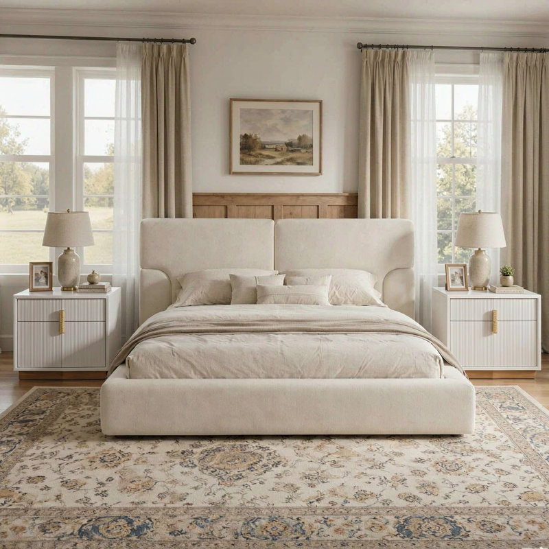 Ensemble de chambre à coucher moderne de 3 pièces pour lit king, comprenant 1 lit rembourré en tissu avec sommier métallique discret et 2 tables de chevet.