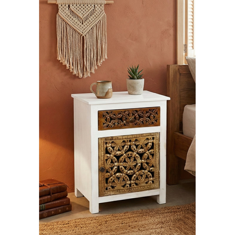 Table d'appoint 30 po en bois massif massif avec tiroir - Table de chevet florale sculptée à la main avec tablette ouverte pour le salon ou la chambre Boho