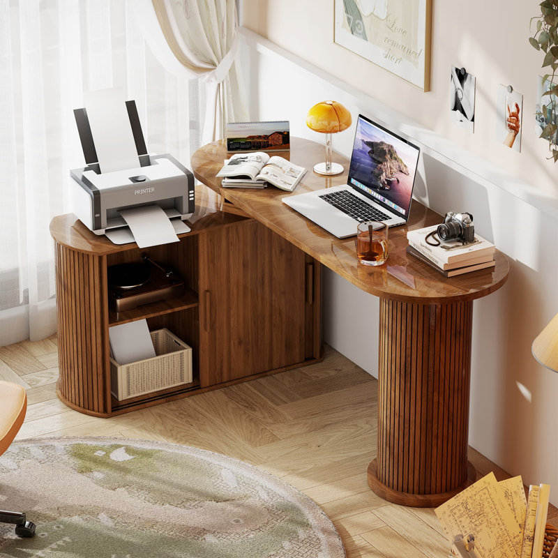 59" Reversible Computer Desk with Storage, L Shaped Multi-functional Desk with Sliding Door