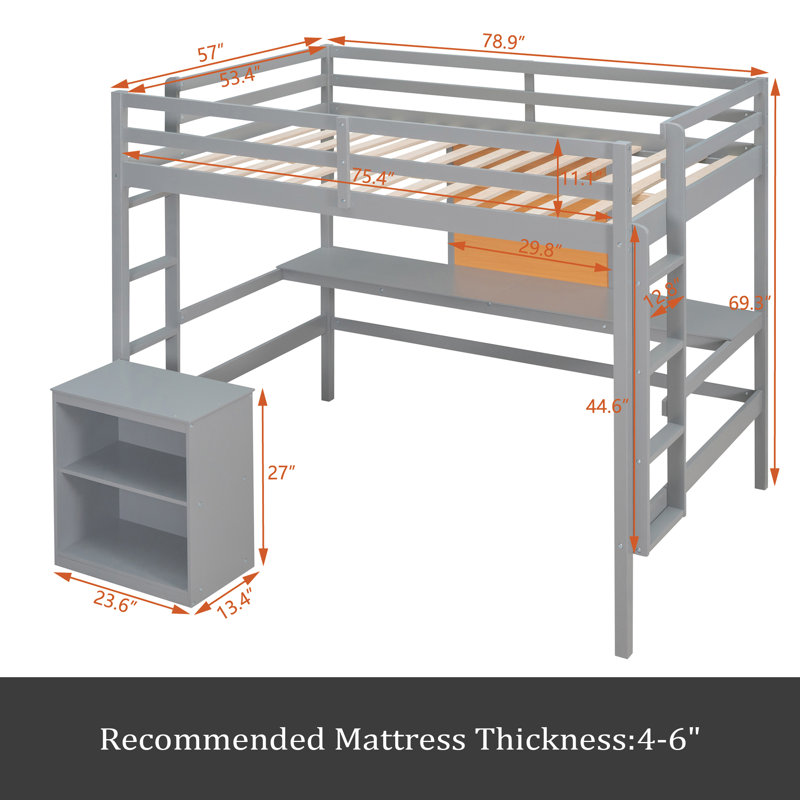 Lit mezzanine double pour enfants Josnyel, Gris