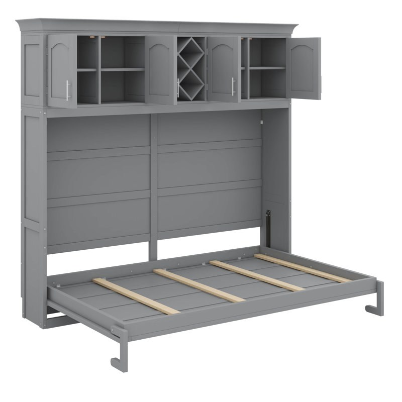 Grand lit escamotable avec armoires supérieures spacieuses, Gris
