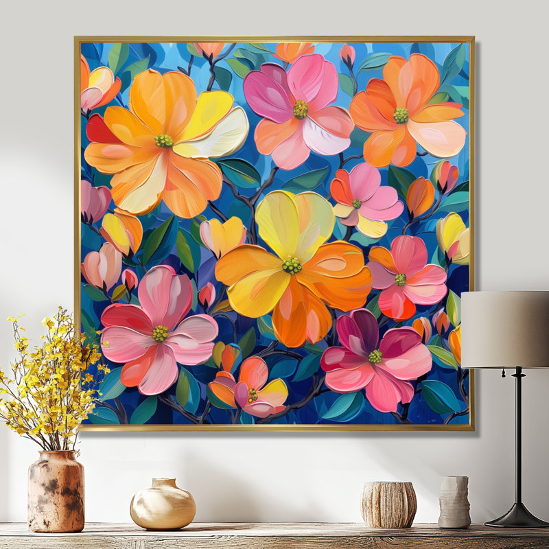 Rose, orange, vibrant, cornouiller II - cornouiller, art mural, Toile avec cadre flottant or, H 36 po x l 36 po x P 1,5 po