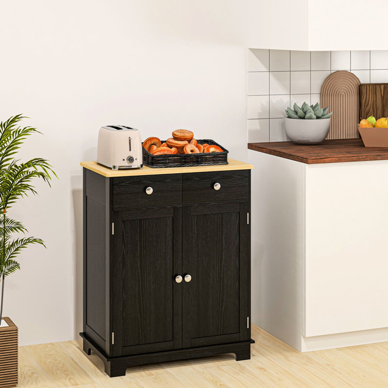 Buffet de comptoir en bois massif - Armoire de cuisine noire vieillie avec 2 tiroirs, portes et tablette réglable