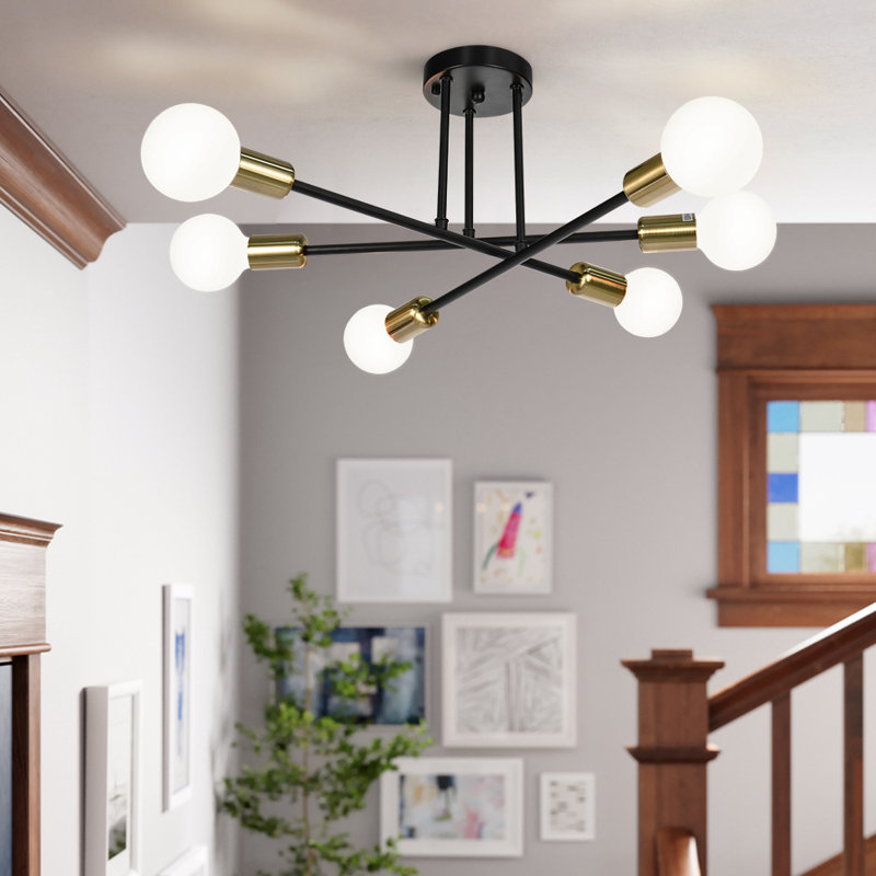 Plafonnier semi-encastré linéaire moderne à 6 lumières de 19 po Emaya, Or et noir