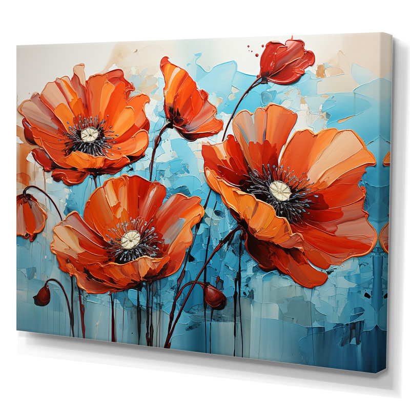 Tranquil Blue and Red Poppies - Art mural coquelicots, H 30 po x l 40 po x P 1,5 po, Toile tendue