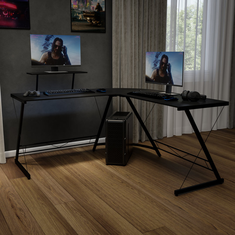 Athel Adjustable Height L-Shaped Steel Computer Desk, Black