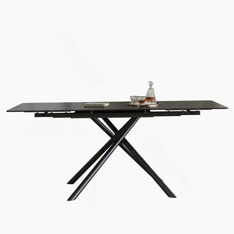Table de salle à manger rétractable en pierre frittée, de conception rectangulaire moderne, avec des pieds en acier au carbone noir au bas, 83 pouces convenant à 6 à 8 sièges (noir)