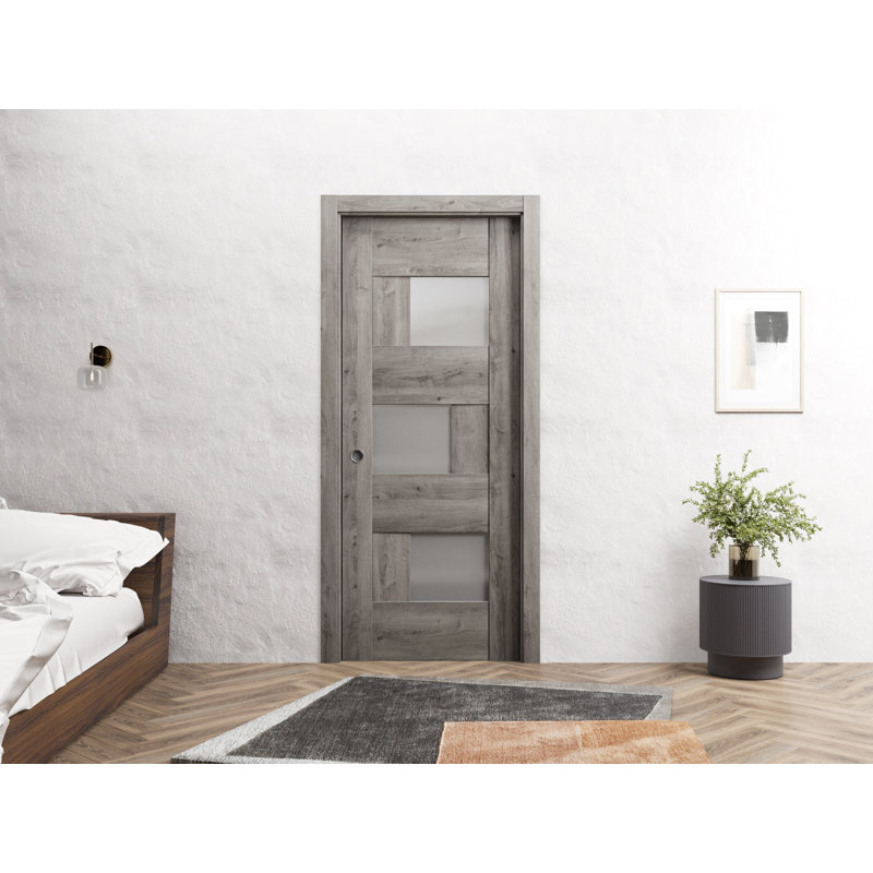 Panneau de porte de grange à dalle | Sete 6933 avec verre givré | Portes intérieures robustes avec finition, Gris Nebraska