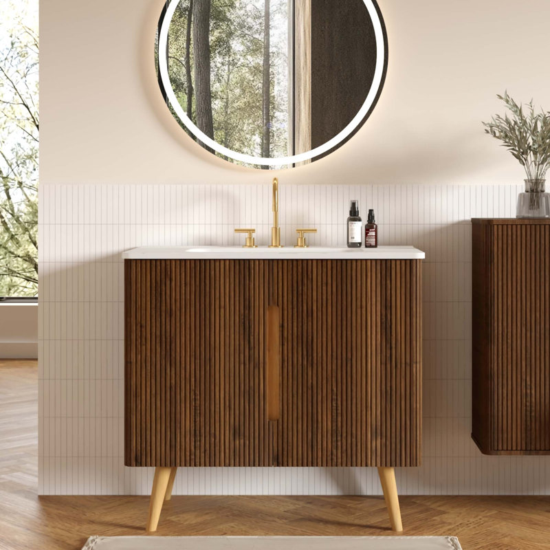Meuble-lavabo sur pied moderne en noyer rayé avec lavabo en céramique blanche de Carrare