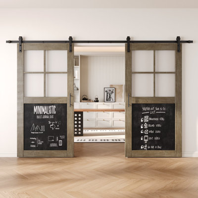 Homacer Classic Gray Double 32in x 80in Half Lite Chalkboard Design Unassembled & Finished Barn Doors with Non-Bypass Installation Hardware Kit, 11ft track, interior use only