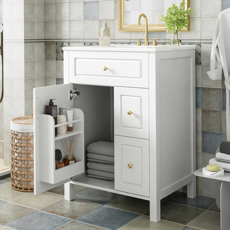 Meuble-lavabo de 24 pouces avec lavabo en céramique, 1 porte à fermeture en douceur, 2 tiroirs à fermeture en douceur et 2 supports de rangement sur la porte