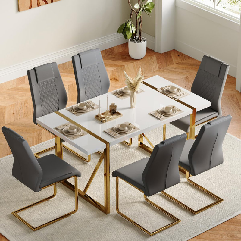 Ensemble de salle à manger rectangulaire L 31,5 po x l 55,12 po Minday, Doré, 7, Gris/doré