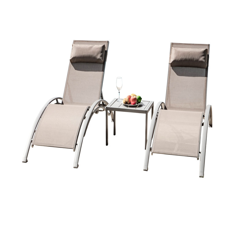 3 Poolside Lounge Chair - Adjustable Aluminum Chaise Lounges With Metal Table For Lawn Deck Backyard 5 Positions, Lightweight Fabric, Khaki Outdoor Chairs Quick-Drying Fabric And Side Pool Area