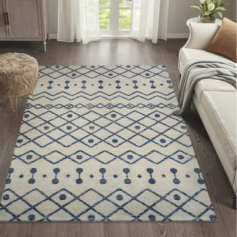 Keiaja Moroccan Beni Souk Cream/Navy Rug, Rectangle 7'9" x 10'