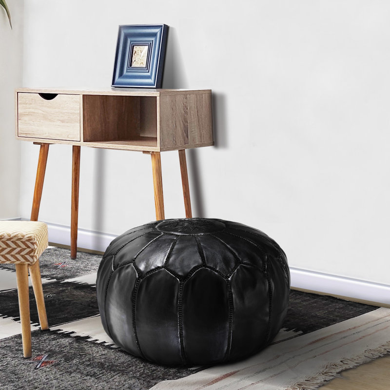 Leather Pouf, Black Genuine Leather