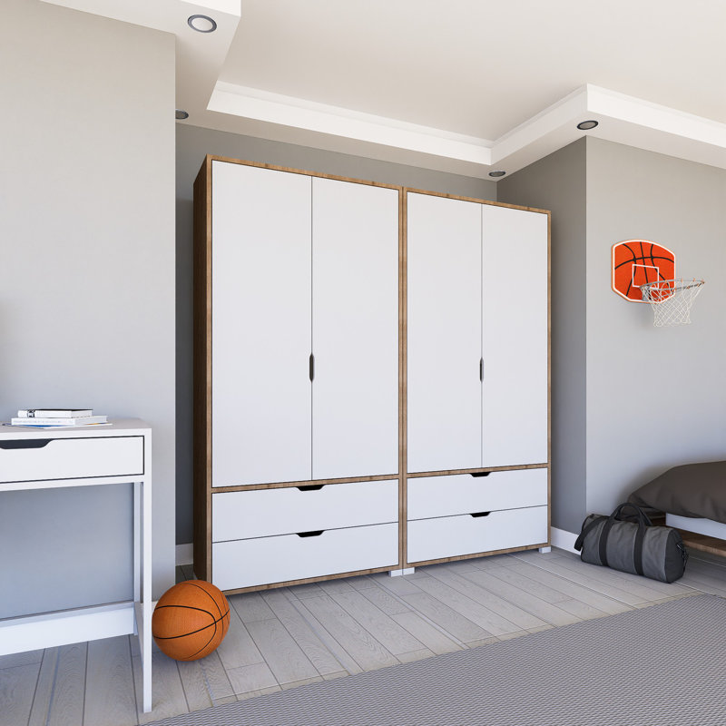 Armoire moderne avec nombreuses tablettes, finition noyer clair et blanc, 70,9 x 72,0 x 17,7 pouces | Panneau de particules 100% enduit de mélamine, conception murale robuste | Style scandinave pour les solutions de rangement organisées