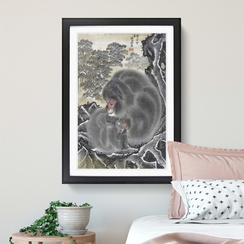 Monkeys by Kawanabe Kyosai - Picture Frame Painting Print, Black Framed, 48cm H x 36cm W x 2cm D
