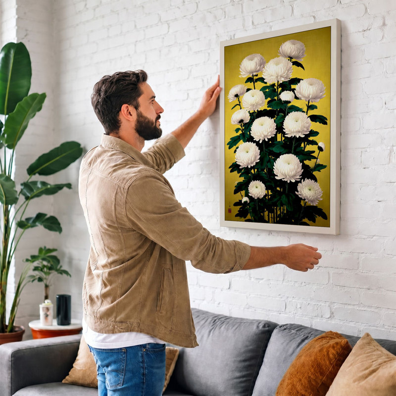 White Chrysanthemums Botanical 1 Piece Wrapped Canvas Wall Art, 24x16 - 61.0 x 40.6 cm, White Border