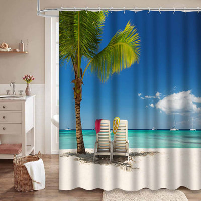Remote Beach Palm Tree Ocean Relax Shower Curtain with 12 Hooks