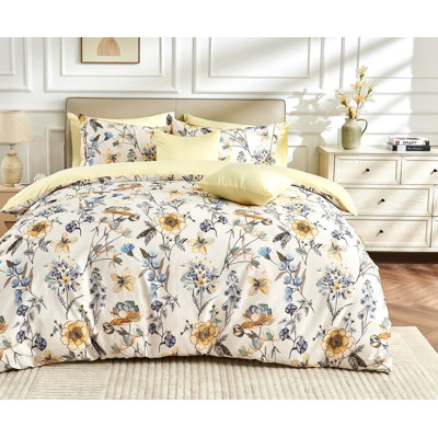 SLEEPBELLA King Size Duvet Cover Set With Button Closure - Blue And Yellow Botanical Luxury Bedding For A Comfortable Sleeping