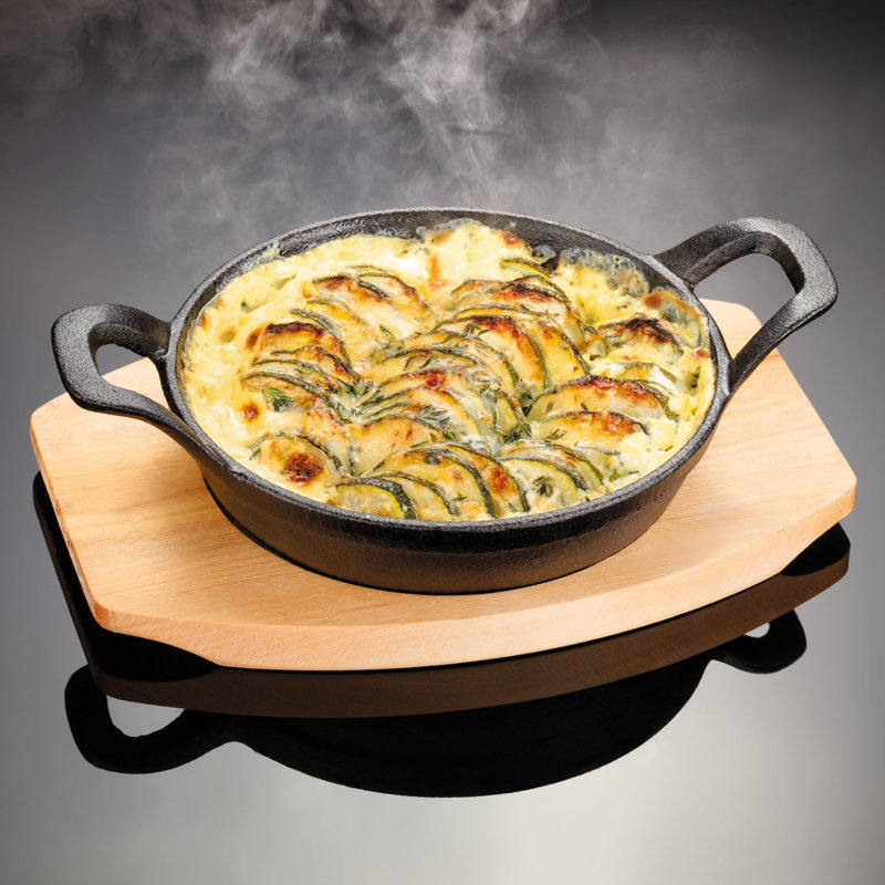 Judge, Sizzle & Serve - Cast Iron Gratin Dish on Server Board