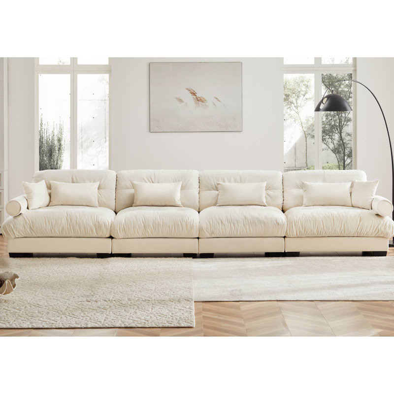 Oversized Velvet Modular Sofa, Cream, 4, 33.4" H x 166" W x 37" D