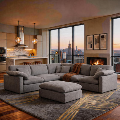 6-Piece Chenille Cloud Sectional Couches, Oversized Corner Sectional Sofa, Light Gray