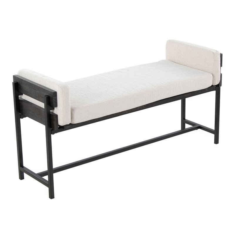 Banc de 18 po avec métal noir, bois gris et tissu crème, Noir, Crème
