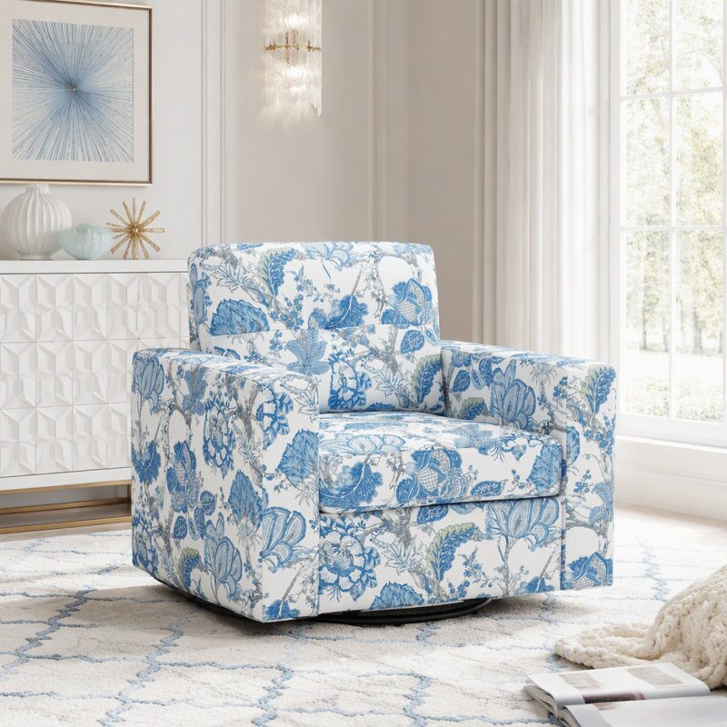 Fauteuil pivotant à 360 degrés à motif floral avec dossier capitonné, Tissu bleu