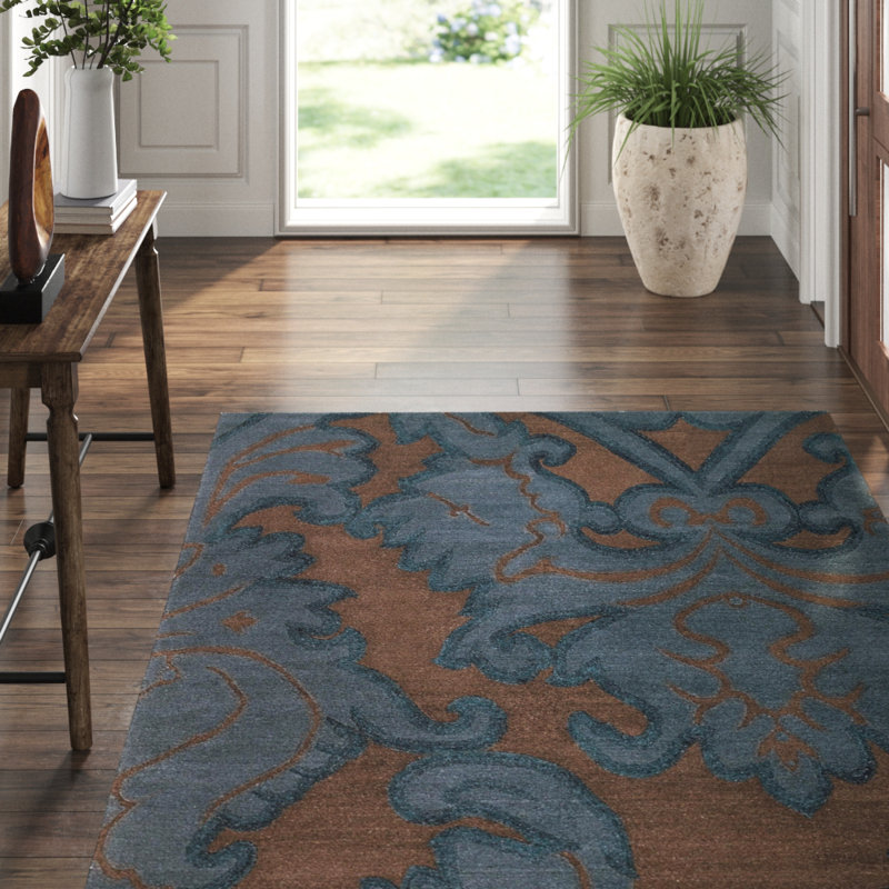 Implied Damask Area Rug in Blue/Brown, Rectangle 9' x 12'