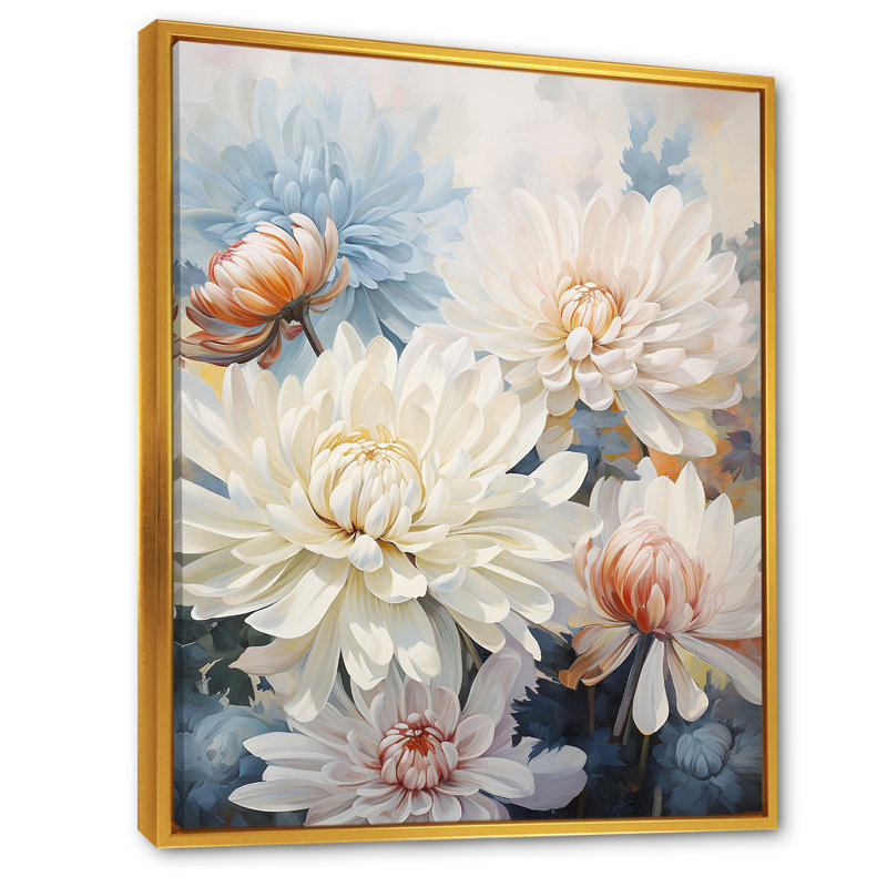 «White Mums In Blue Dream» sur toile, H 20 po x l 12 po x P 1 po, Cadre flottant doré