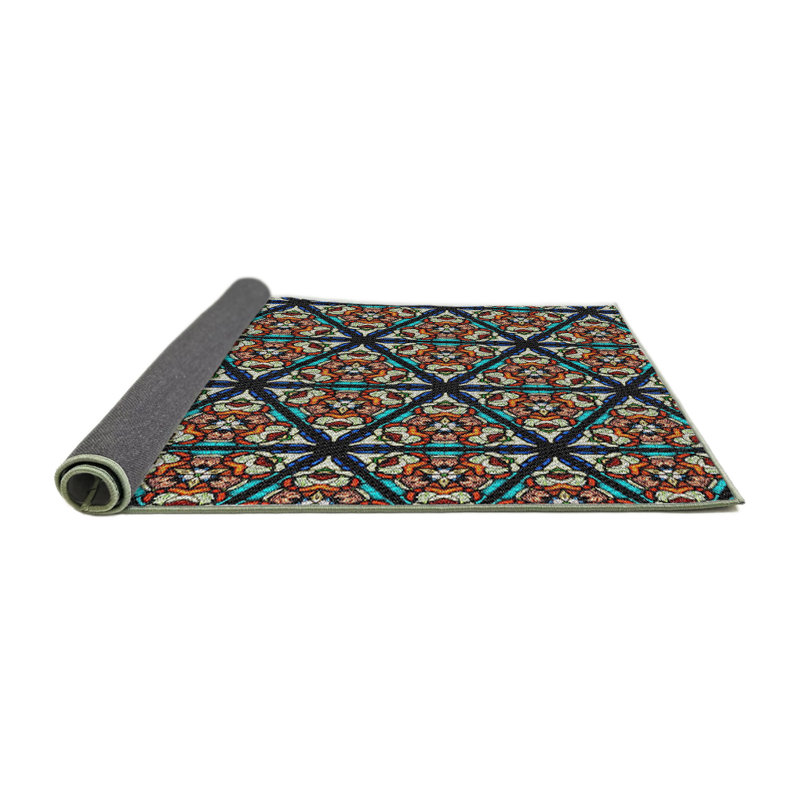 Tapis brun/bleu à motifs, Rond 5 pi