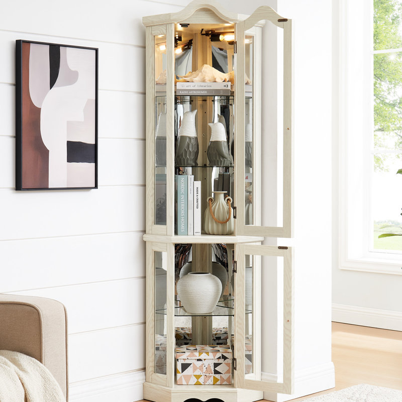 Vitrine de coin lumineuse en blanc, 4 tablettes réglables en verre trempé, poignées exquises, mécanisme d'ouverture par pression, convient au salon vitrine blanc avec portes et charnières amovibles,