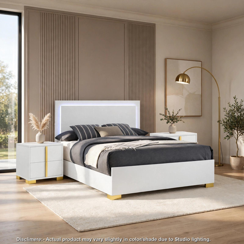 Ensemble de chambre à coucher Queen, blanc et or, ensemble de 2 pièces avec table de chevet, Blanc, doré, Grand lit