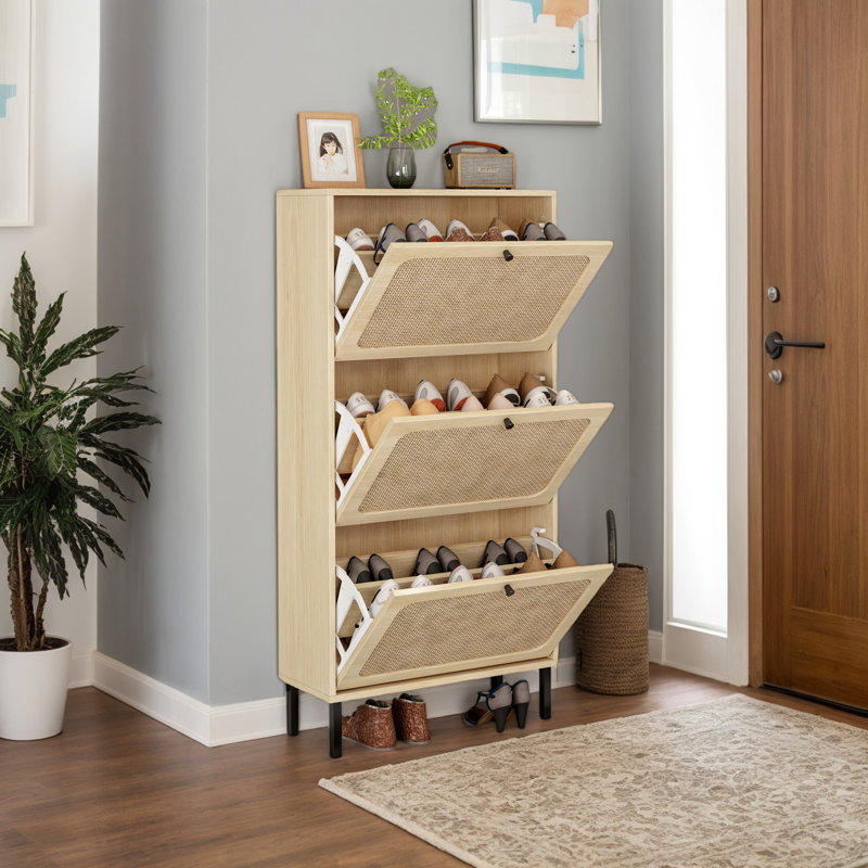 Shoe Cabinet Storage for Entryway Rattan with 6 Flip Drawers Hidden Shoe Rack Cabinet, Rustic Brown