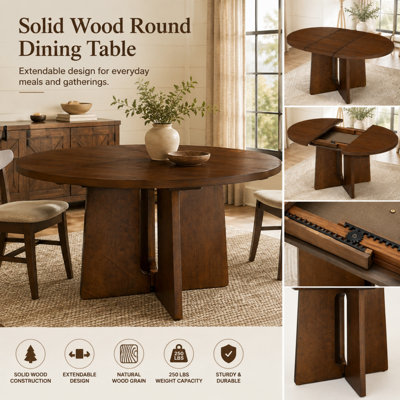 Table de salle à manger ronde extensible Vonnie 41,3"–57,3" avec rallonge amovible de 16" en bois d'hévéa massif, style ferme.