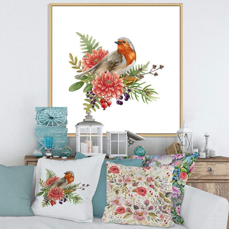 Oiseau de merle avec fleurs - reproduction d'art sur toile traditionnelle, H 36 po x l 36 po x P 1 po, Cadre flottant érable