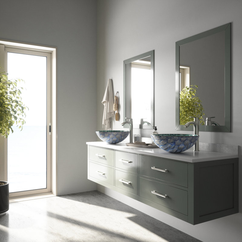 Giovanni 17" L x 17" W x 6" H Round Glass Vessel Bathroom Sink with 12" H Faucet, Patterened Teal, Brushed Nickel