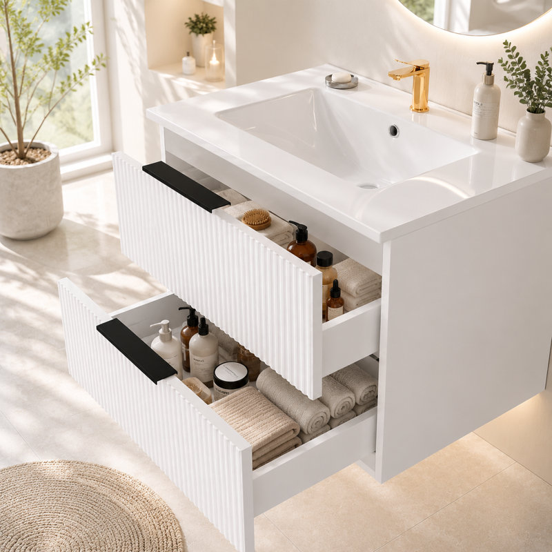 Meuble-lavabo flottant mural blanc de 24 po - Lavabo intégré en céramique avec tiroir de rangement - Lavabo minimaliste moderne