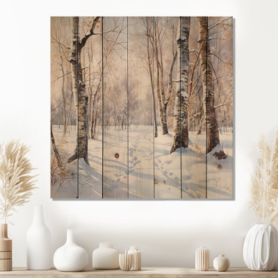 Trees Charm In Winter I - Trees Wood Panel Wall Art On Natural Pine Wood