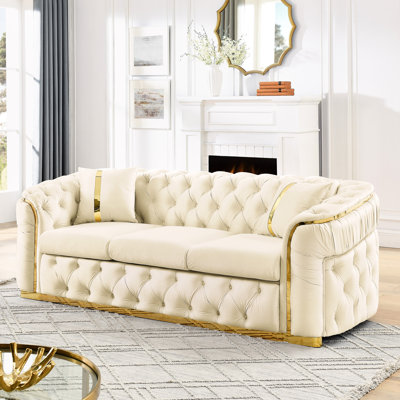 3 Velvet , 90.6 Inches Beige With 2 Pillows, Gold Stainless Steel Accents, Modern Luxury Living Room